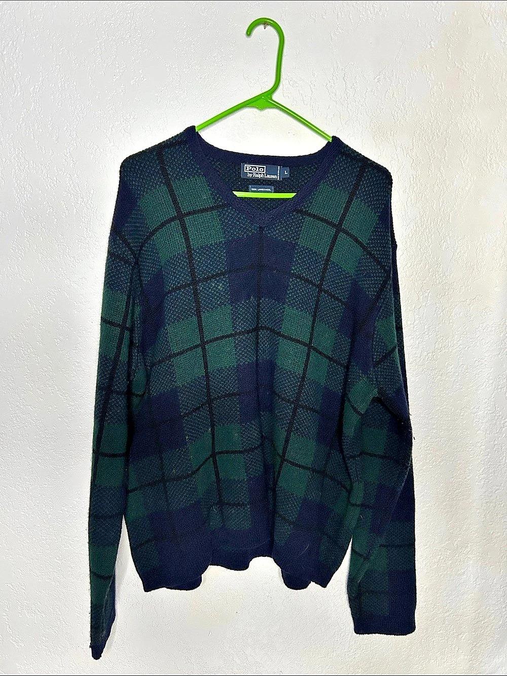 Vintage 90’s Polo by Ralph Lauren Plaid Crewneck Sweater Green & Black Large